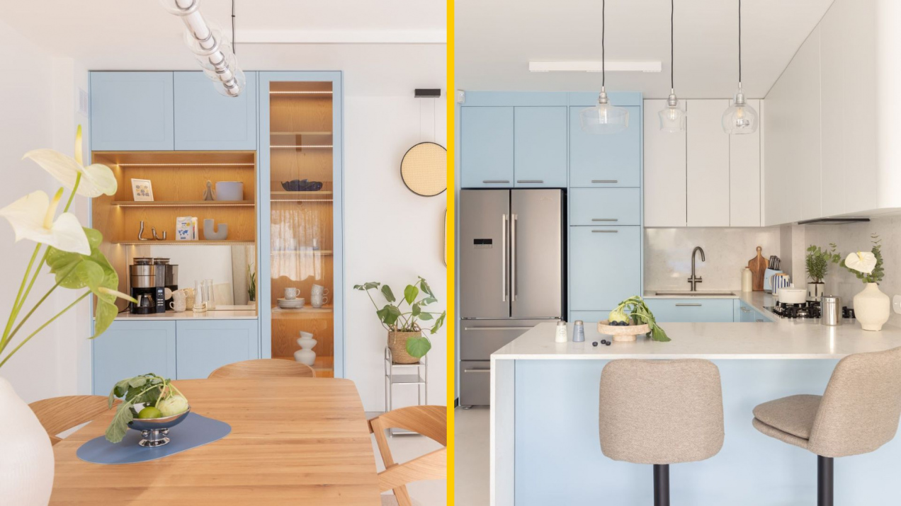 Kuchnię zrobili w miejscu dawnego garażu. Jej kolor jest inspirowany oczami właścicielki