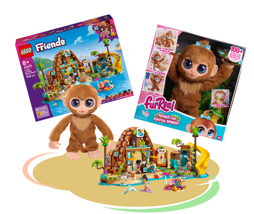 LEGO Friends Rodzinne wakacje na plaży, Zabawka interaktywna JUST PLAY FurReal Małpka